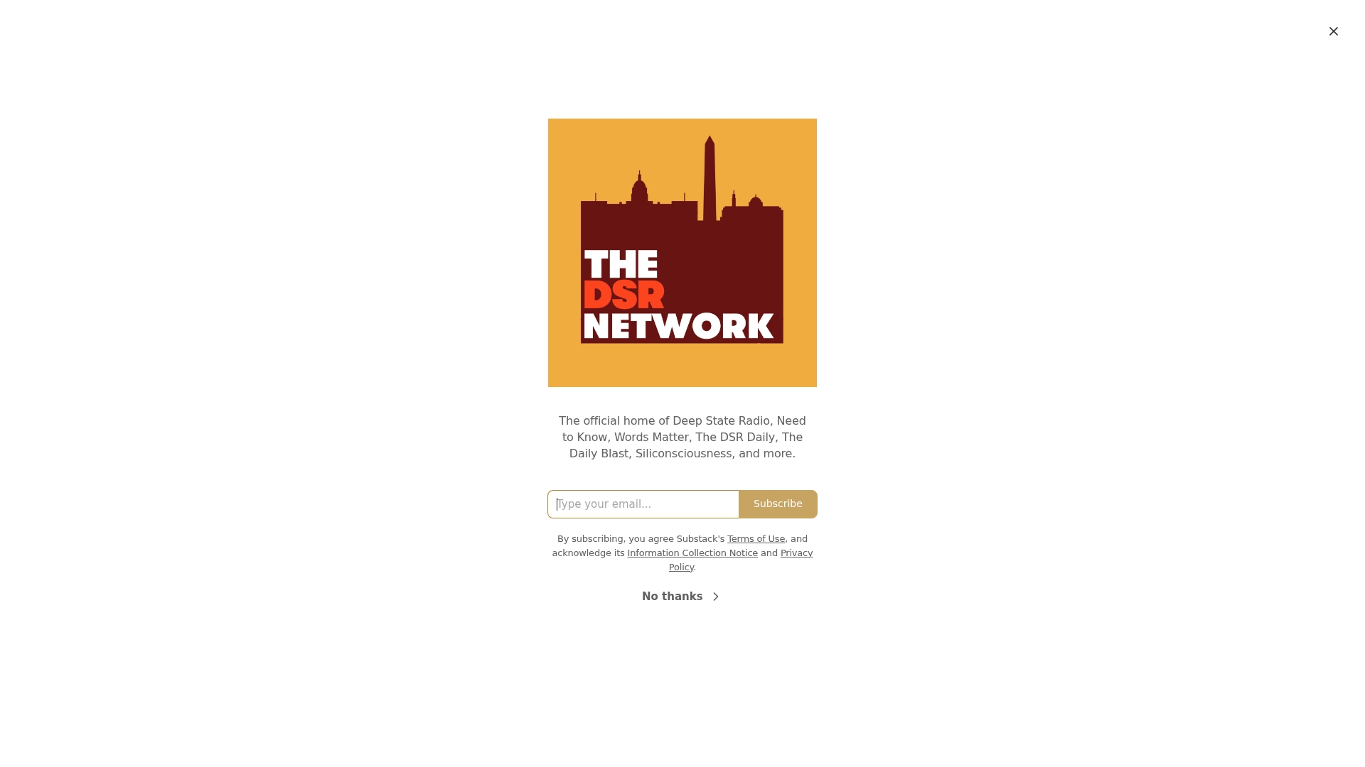 DSR Network Substack sponsor landing page advertised on Deep State Radio