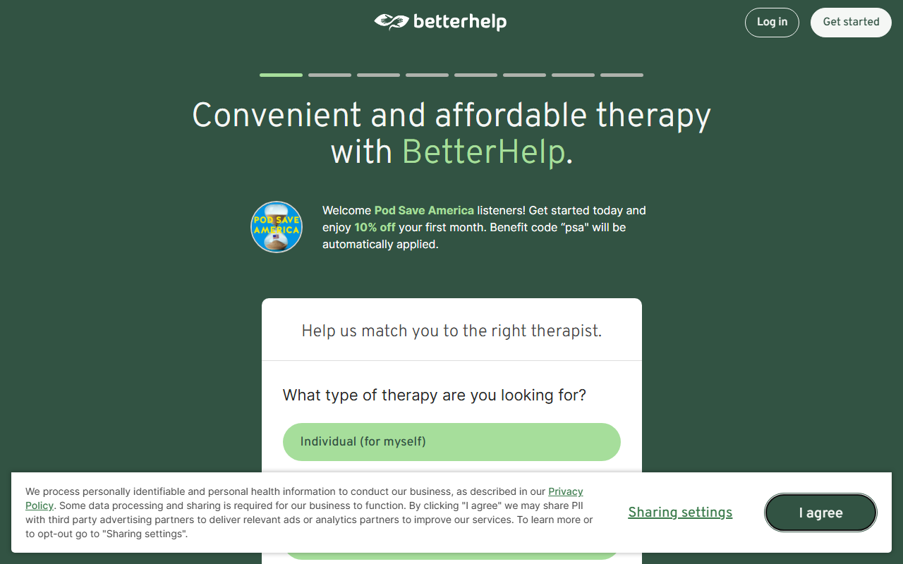 BetterHelp sponsor landing page advertised on Pod Save America