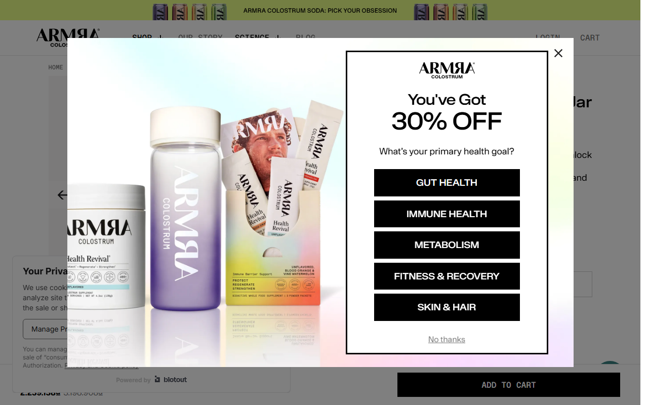 Armour Colostrum sponsor landing page advertised on The Ben Shapiro Show