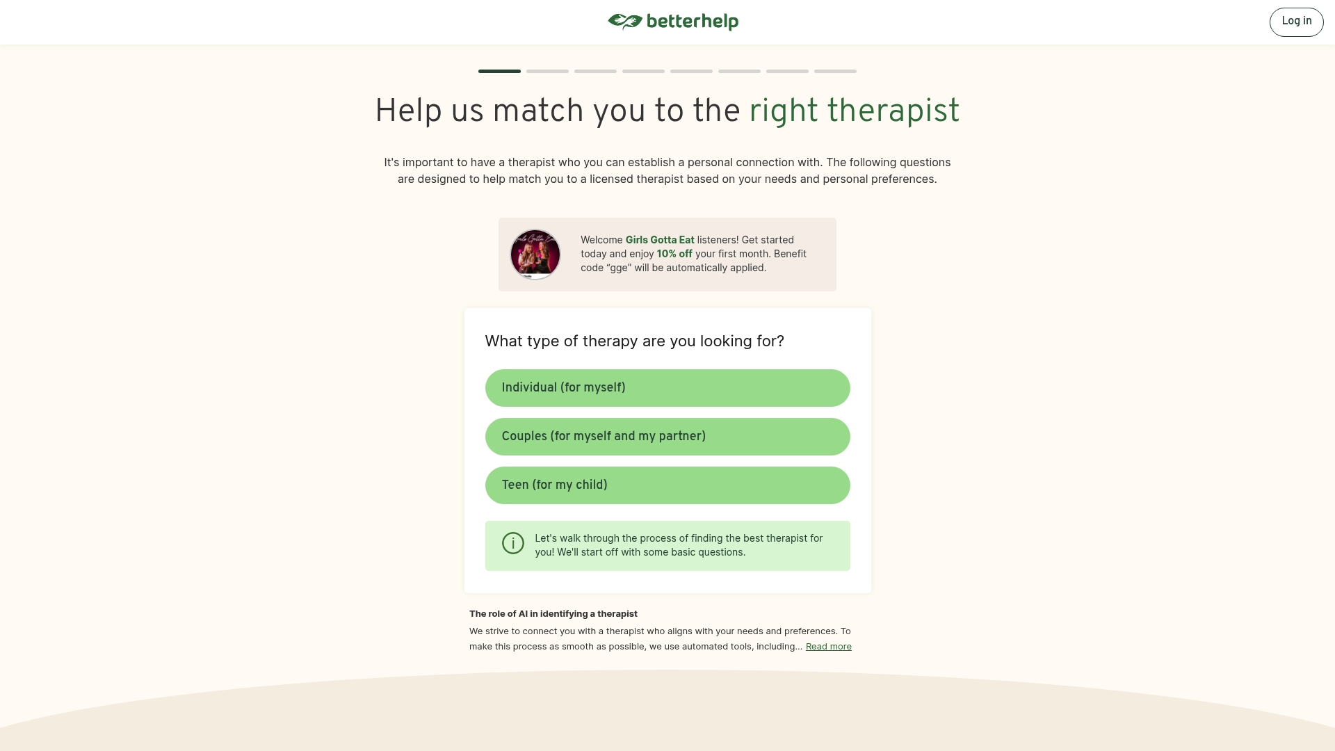 BetterHelp sponsor landing page advertised on Girls Gotta Eat