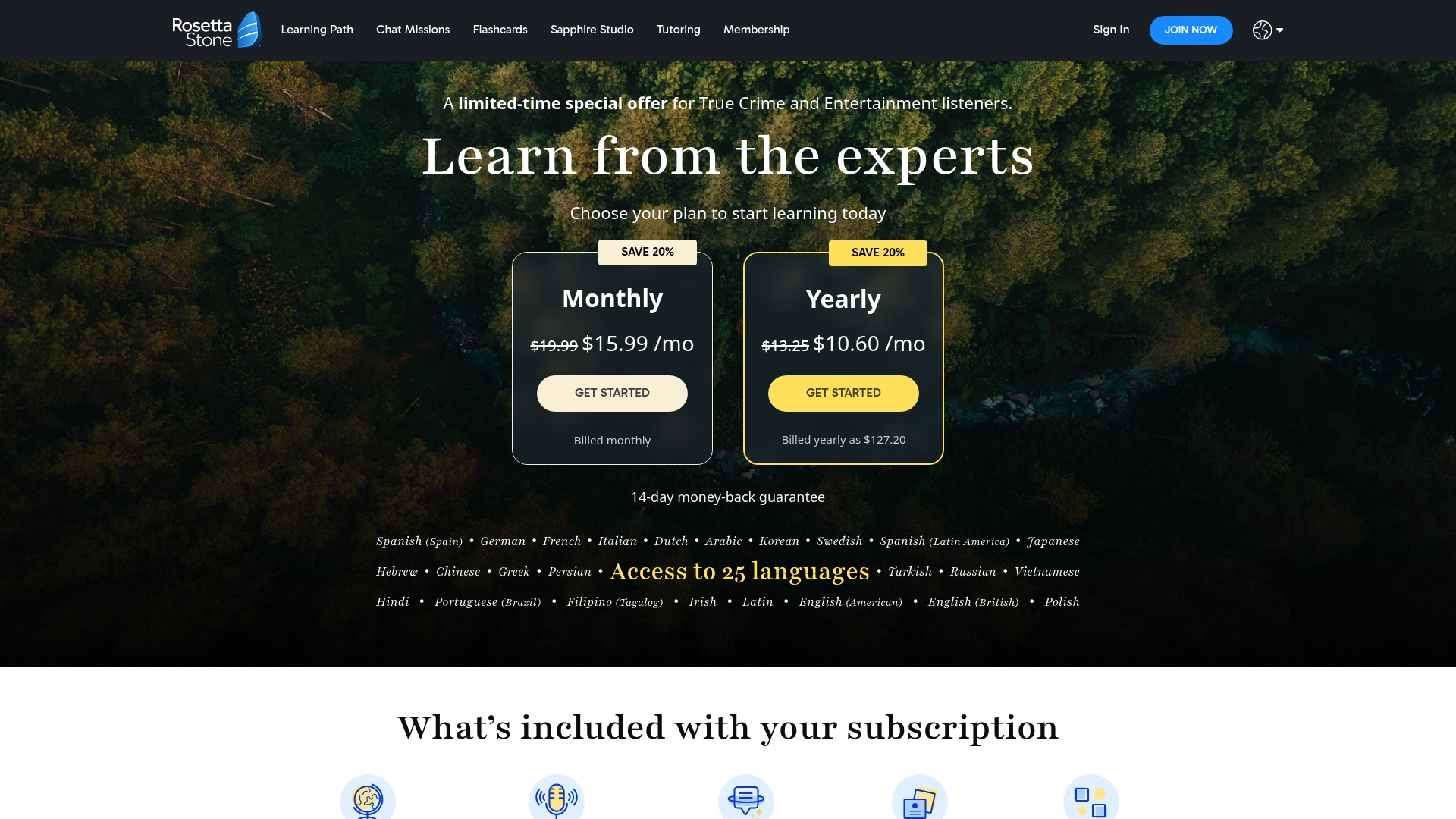 Rosetta Stone sponsor landing page advertised on Murder: True Crime Stories