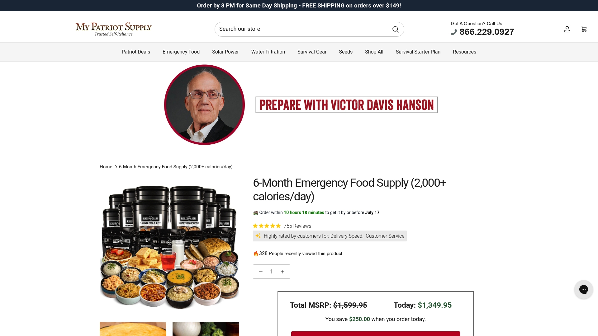 My Patriot Supply sponsor landing page advertised on The Victor Davis Hanson Show on Spotify
