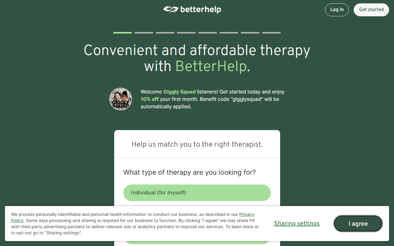 BetterHelp sponsor landing page advertised on Giggly Squad