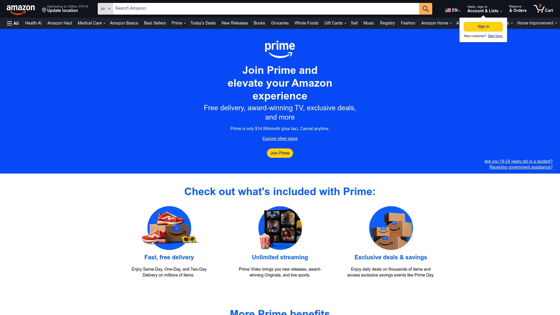 Amazon Prime sponsor landing page advertised on Nightcap