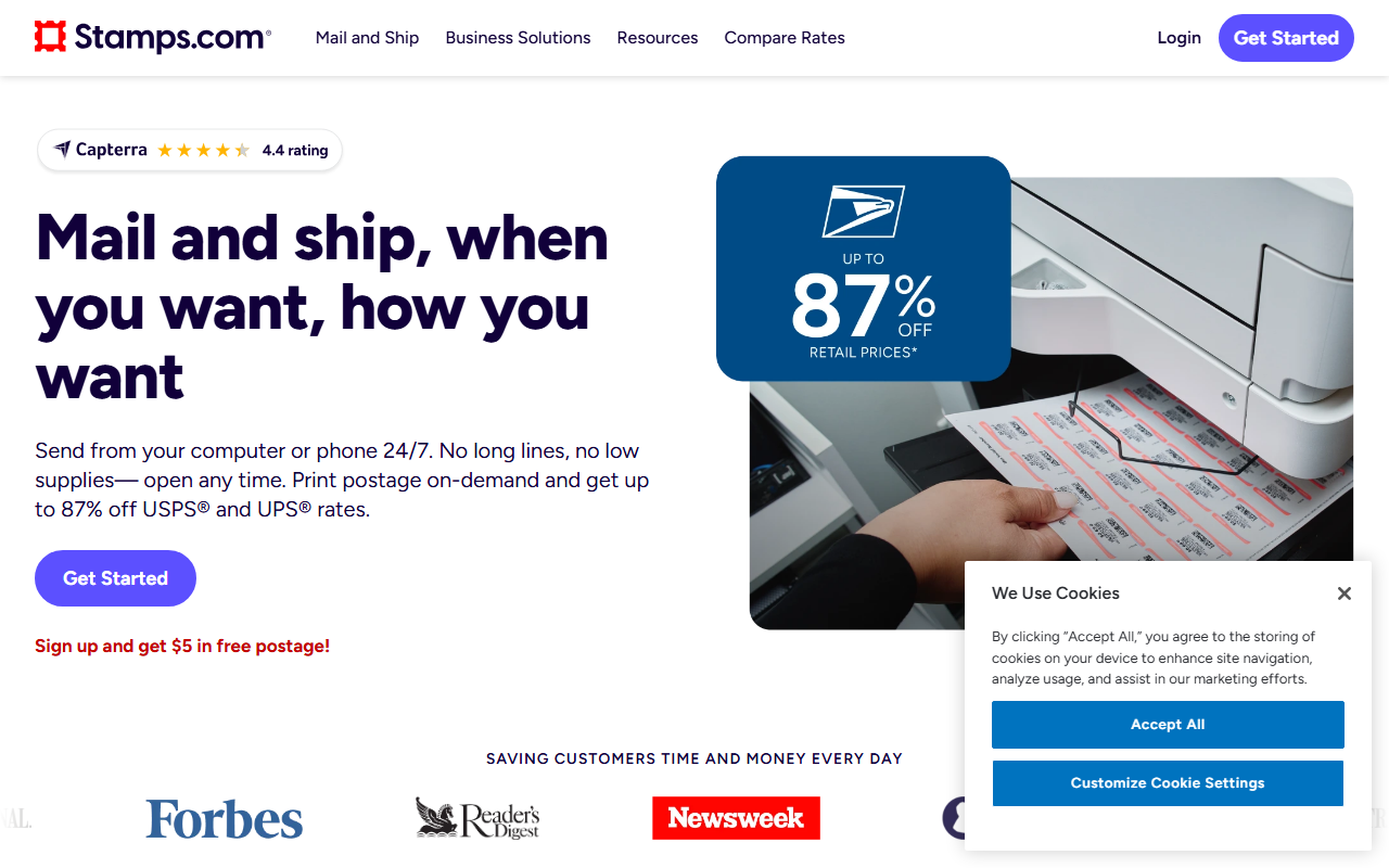 Stamps.com sponsor landing page advertised on Start Here
