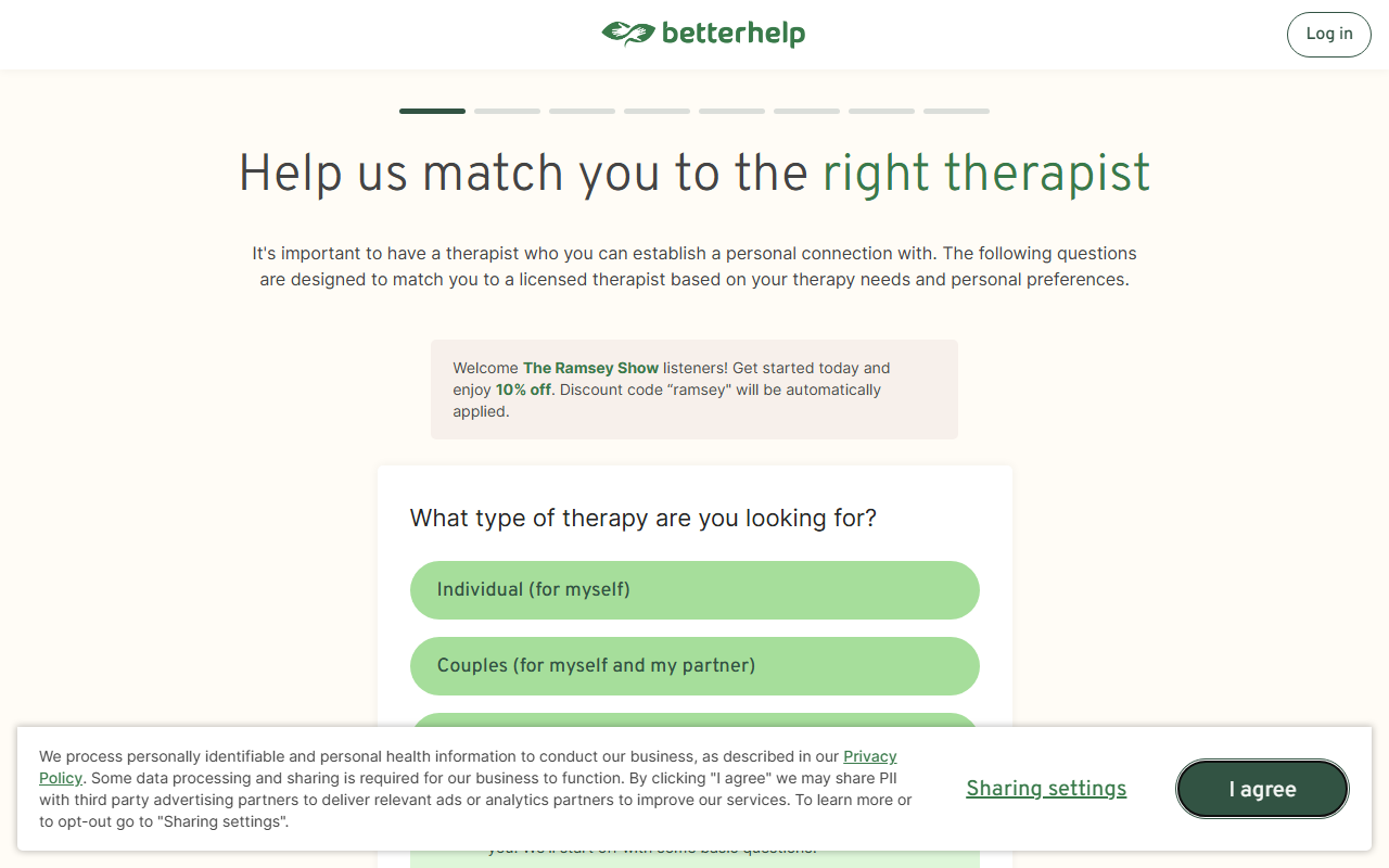 BetterHelp sponsor landing page advertised on The Ramsey Show