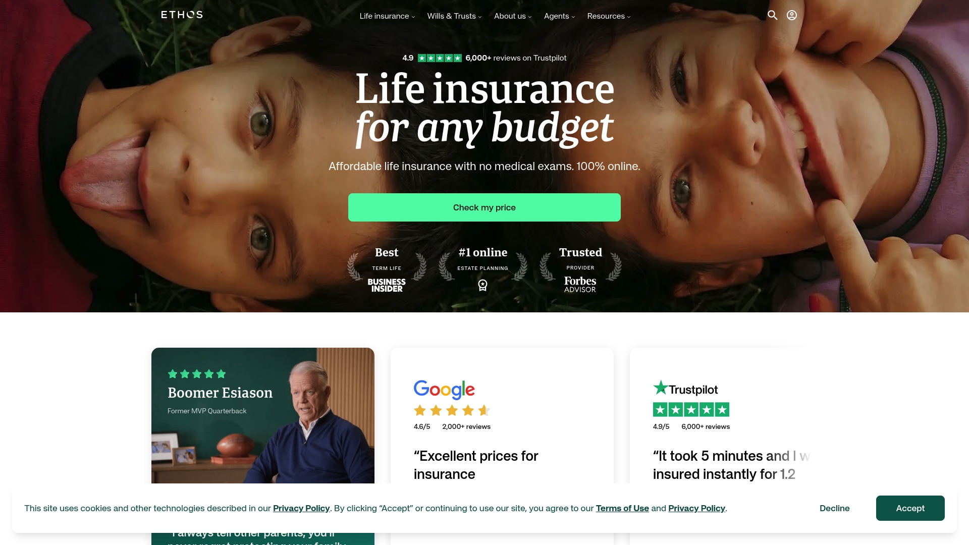 Ethos sponsor landing page advertised on We Might Be Drunk