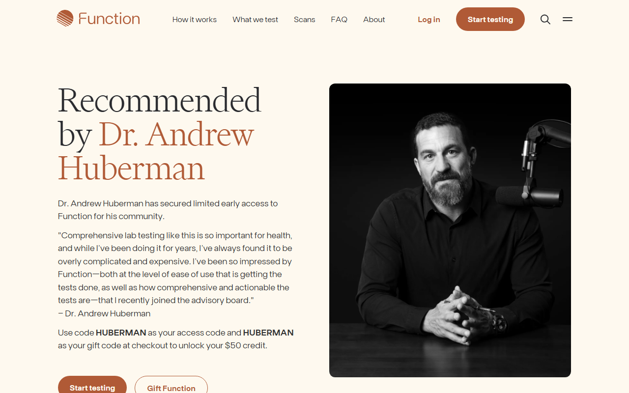 Function sponsor landing page advertised on Huberman Lab