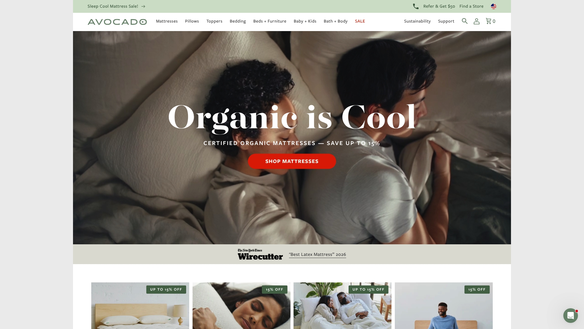 Avocado Green Mattresses sponsor landing page advertised on Bad Friends