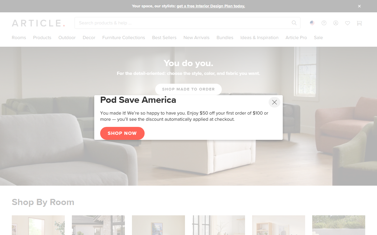 Article sponsor landing page advertised on Pod Save America