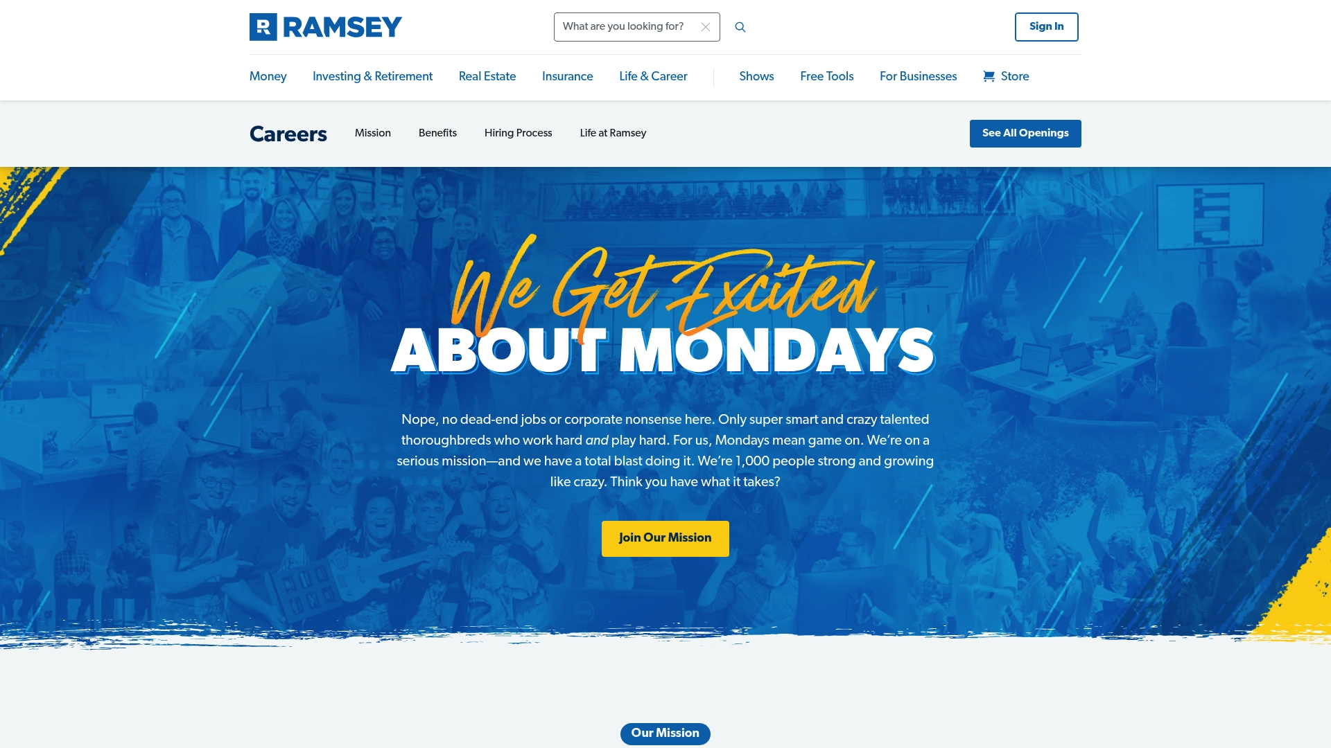 Ramsey Solutions Careers sponsor landing page advertised on The Ramsey Show