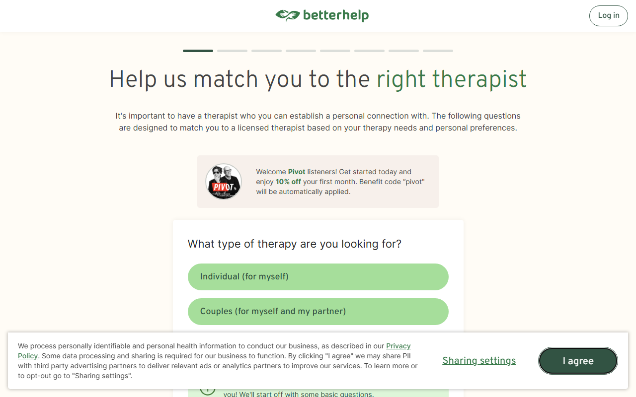BetterHelp sponsor landing page advertised on Pivot