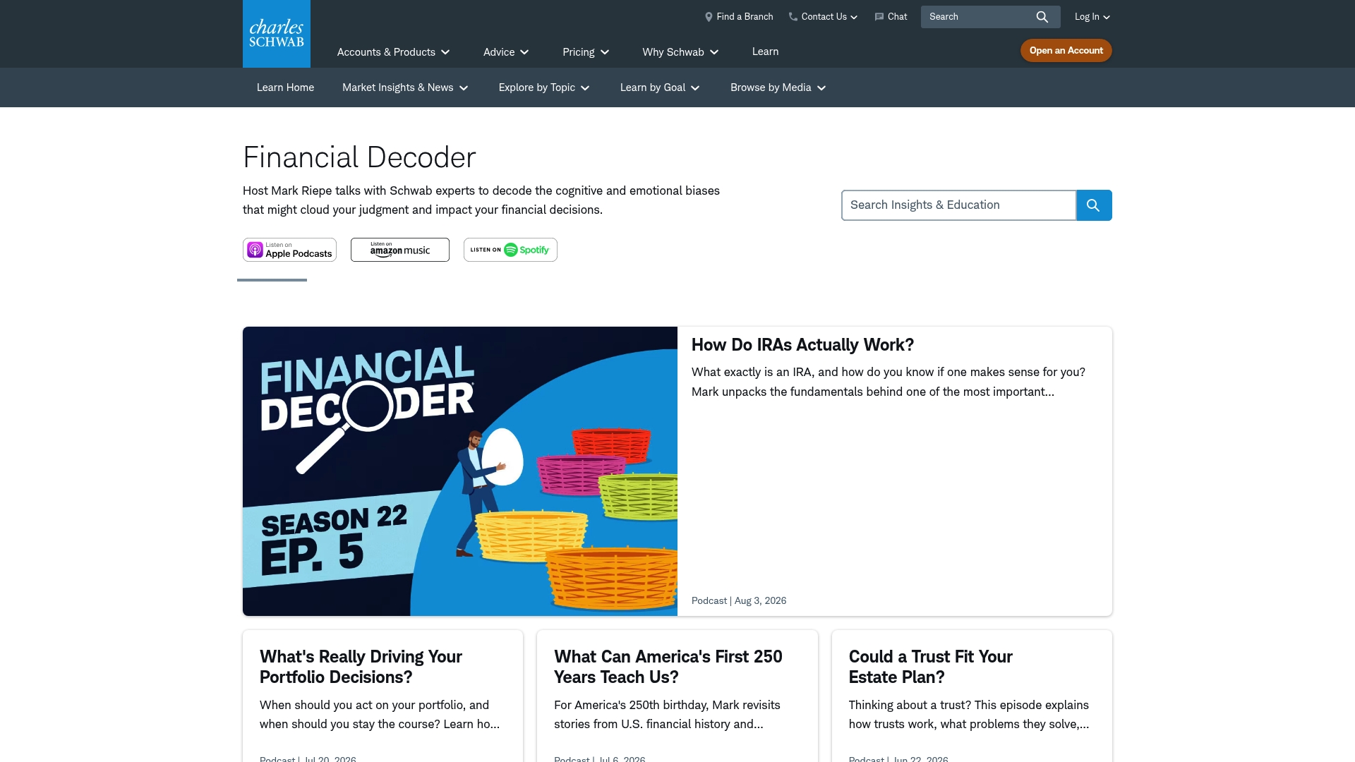 Charles Schwab sponsor landing page advertised on Fresh Air