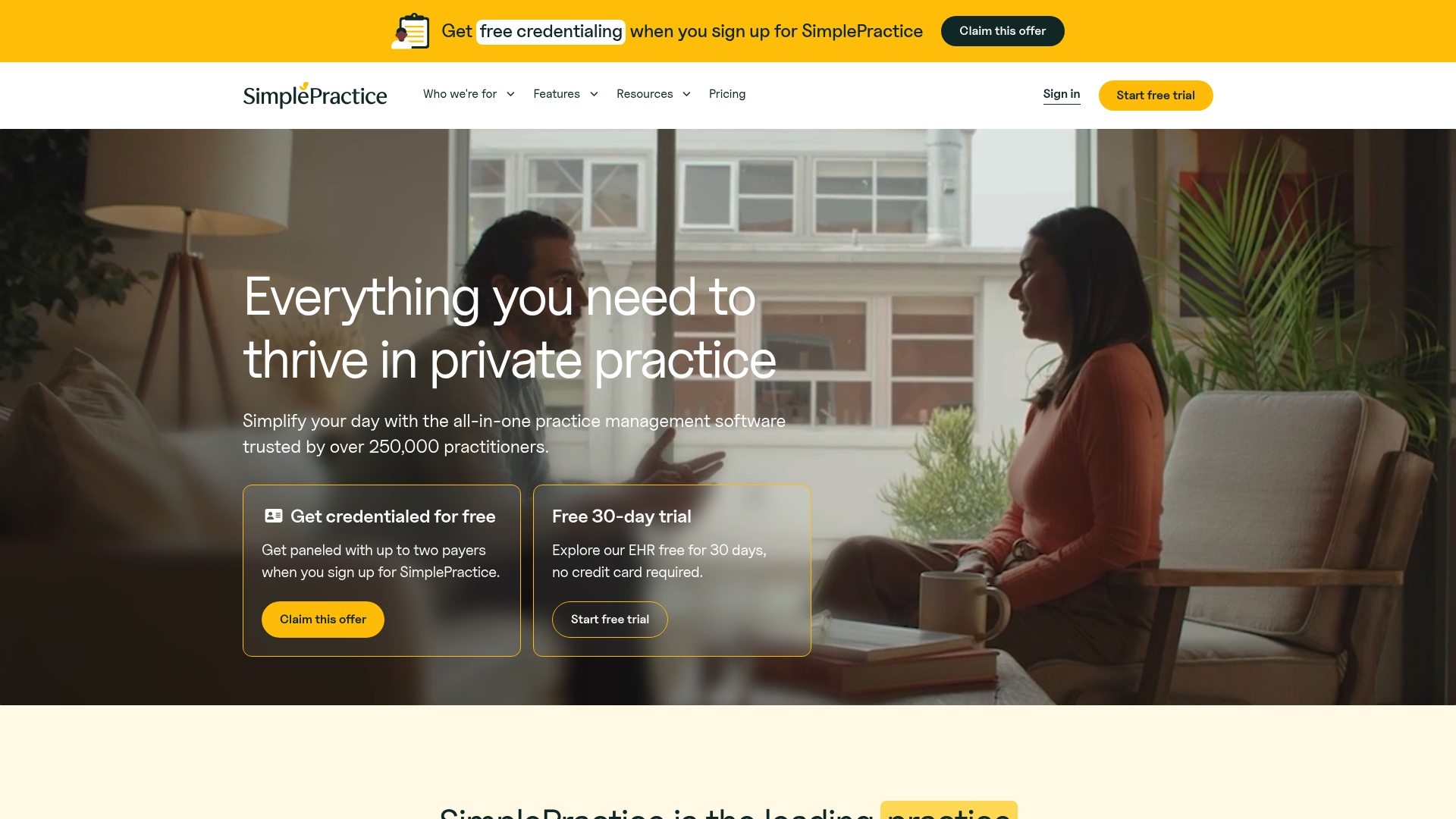 SimplePractice sponsor landing page advertised on The Bulwark Podcast