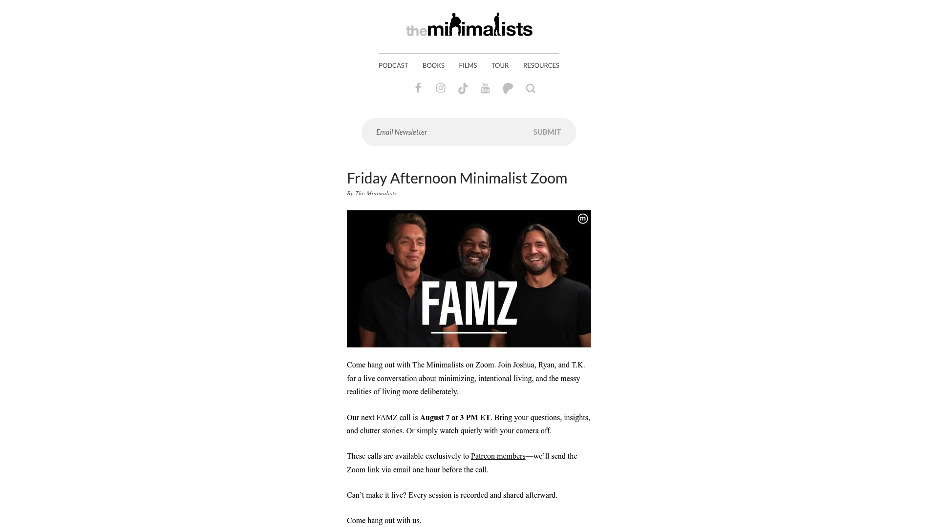 The Minimalists Patreon sponsor landing page advertised on The Minimalists Podcast