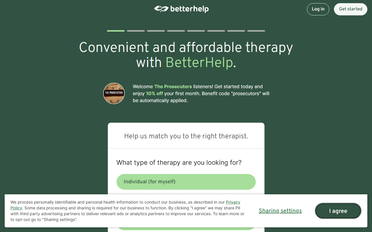 BetterHelp sponsor landing page advertised on The Prosecutors