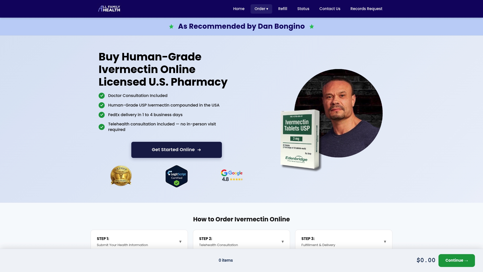All Family Pharmacy sponsor landing page advertised on The Dan Bongino Show
