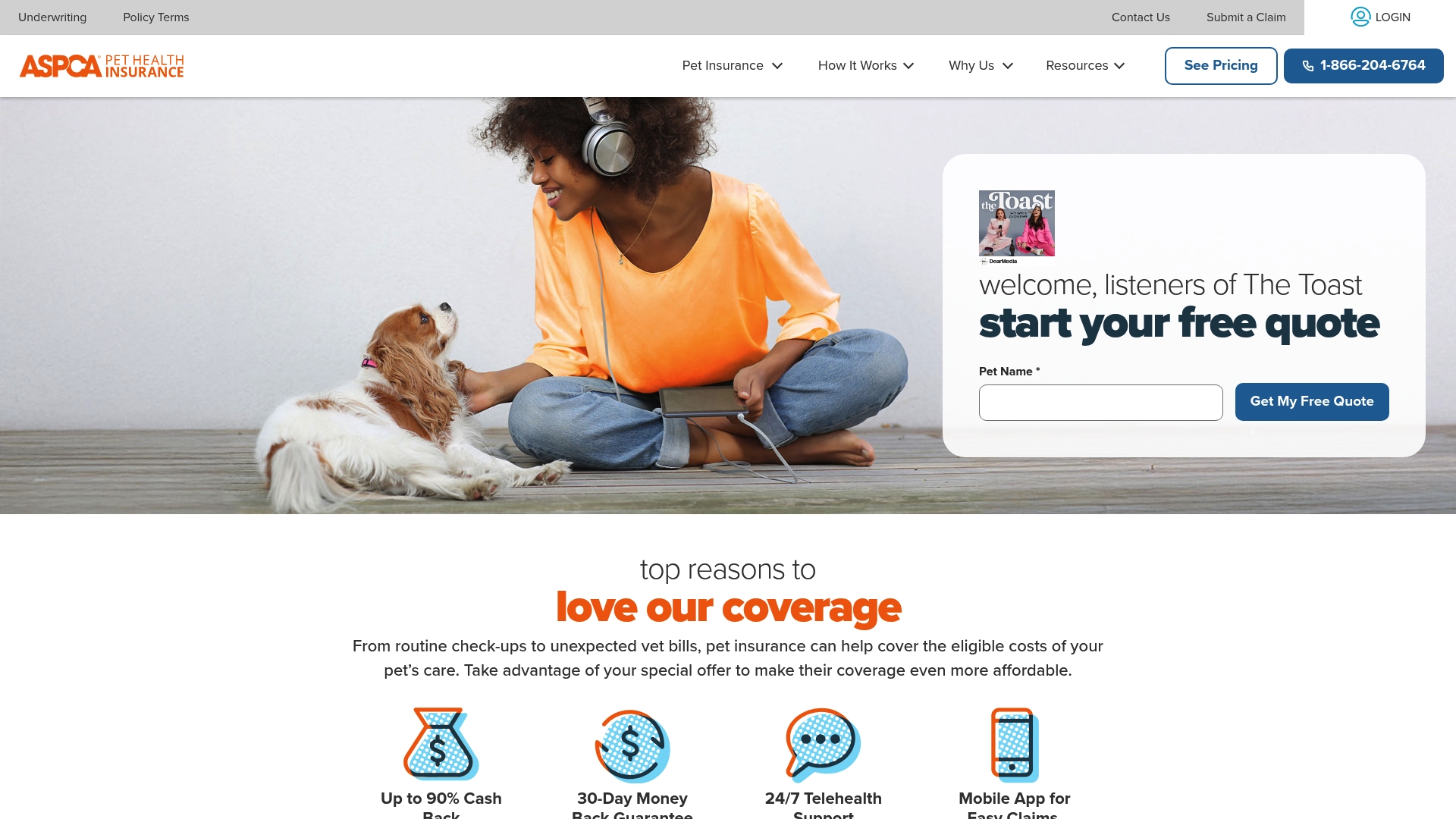 ASPCA Pet Health Insurance sponsor landing page advertised on The Toast