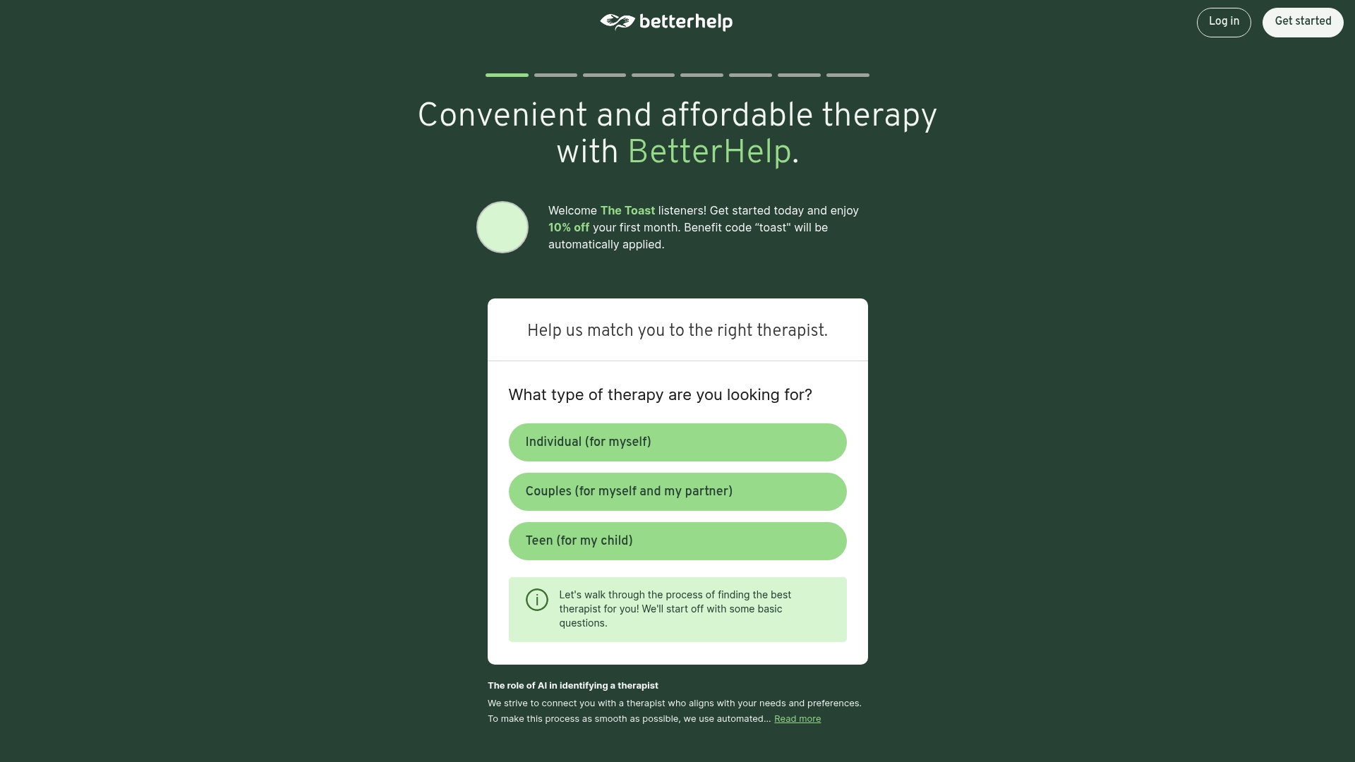 BetterHelp sponsor landing page advertised on The Toast