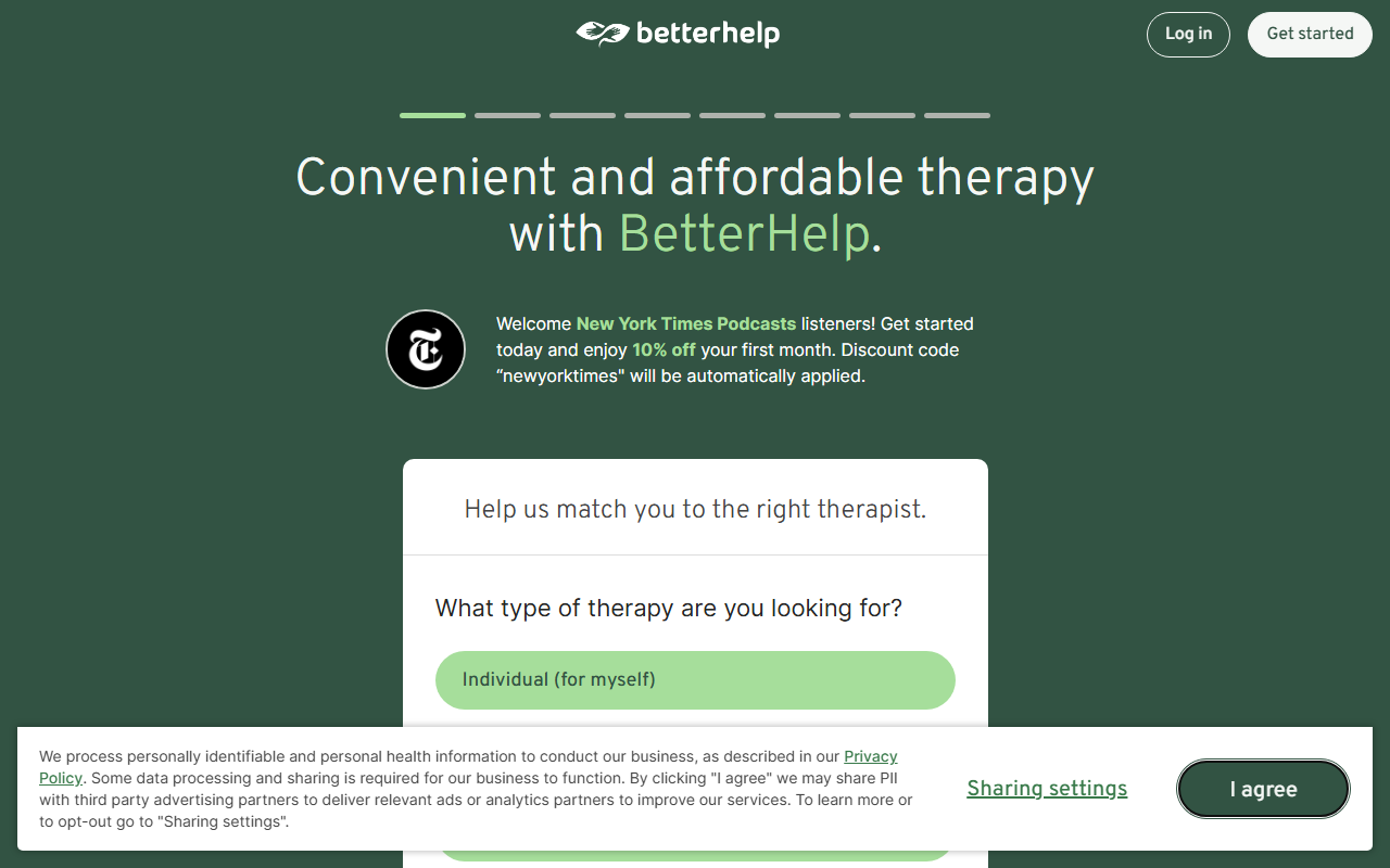 BetterHelp sponsor landing page advertised on The Daily
