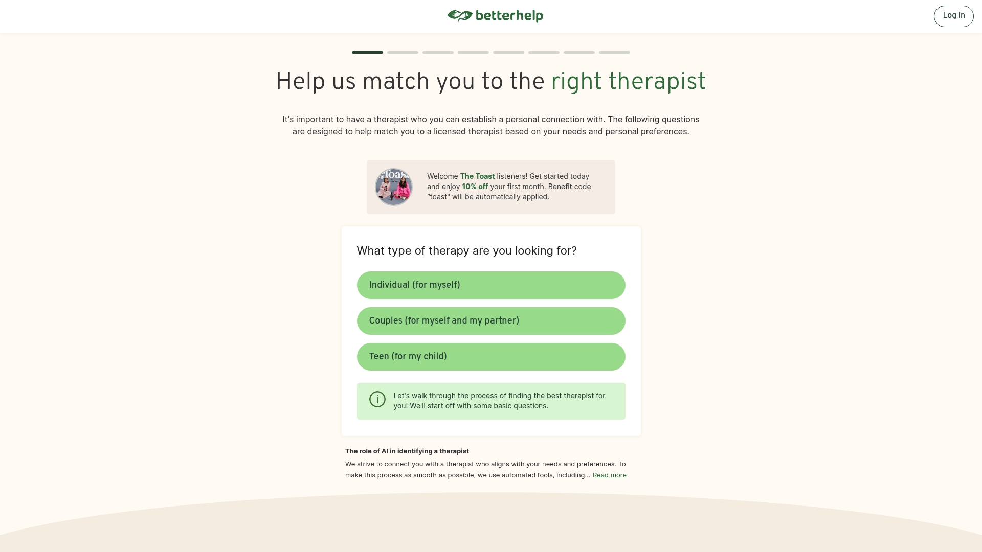 BetterHelp sponsor landing page advertised on The Toast