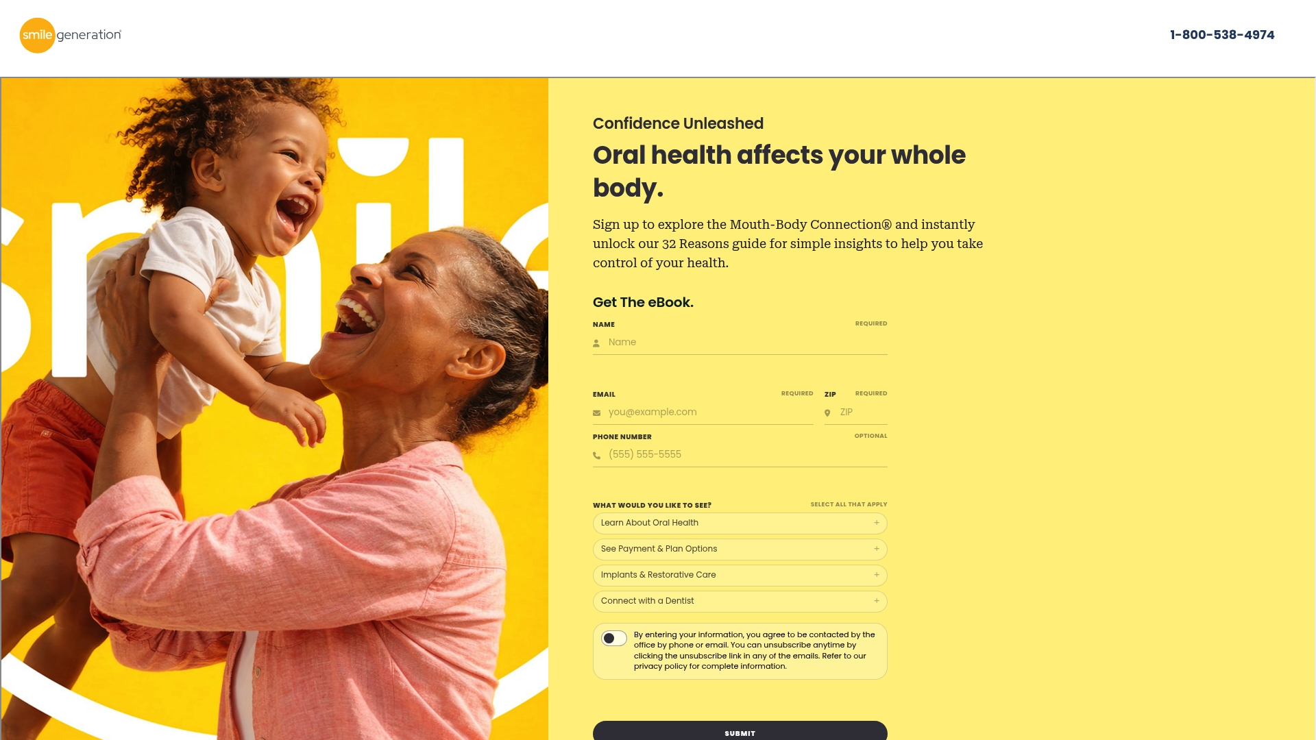 Smile Generation sponsor landing page advertised on The Moth