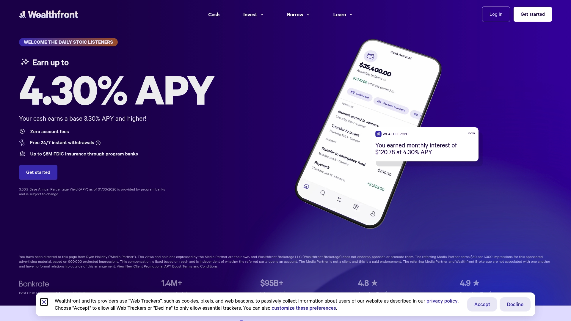 Wealthfront sponsor landing page advertised on The Daily Stoic