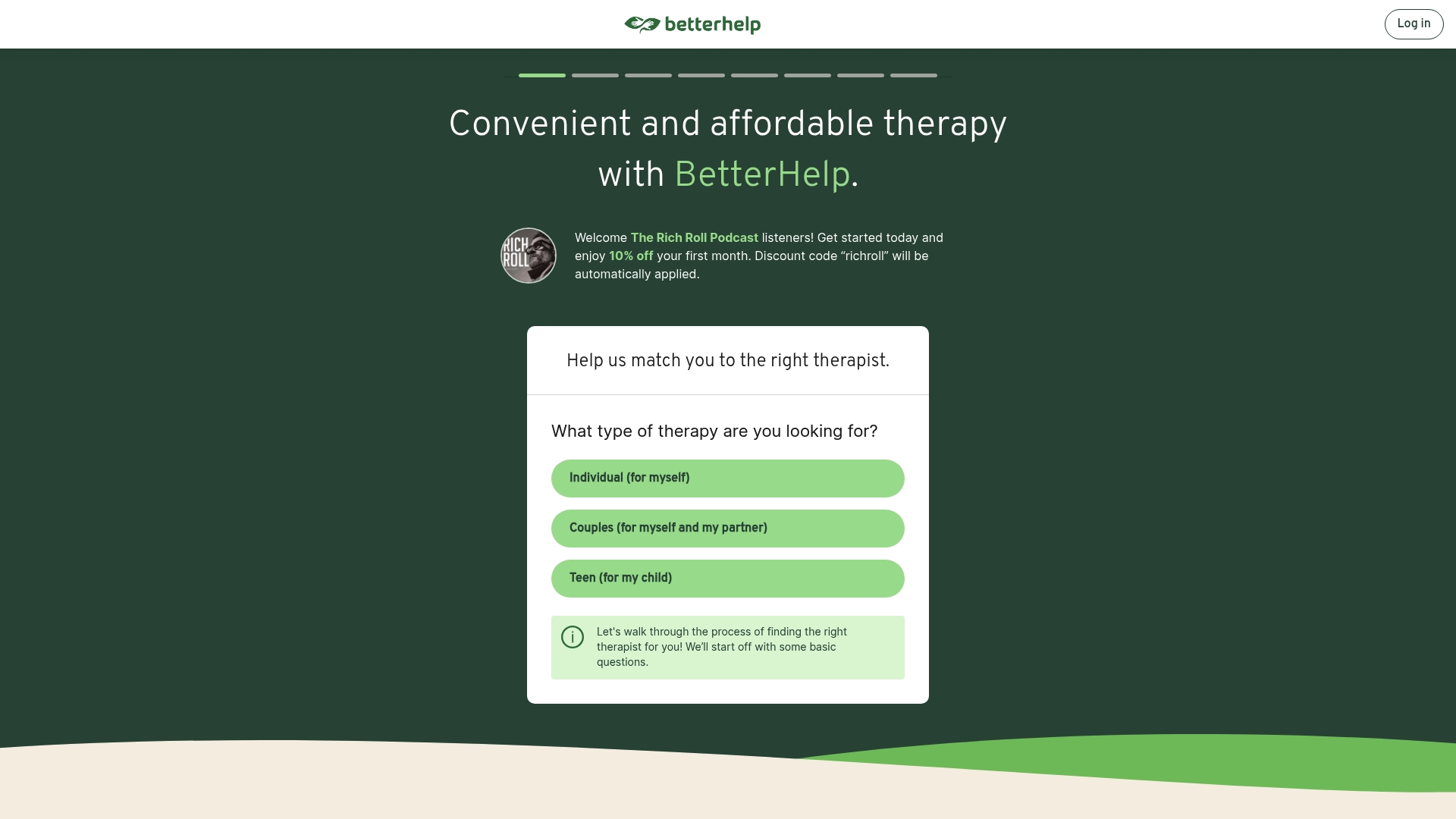 BetterHelp sponsor landing page advertised on The Rich Roll Podcast