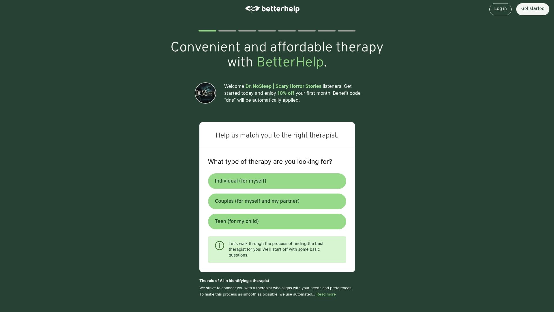 BetterHelp sponsor landing page advertised on Scary Horror Stories by Dr. NoSleep