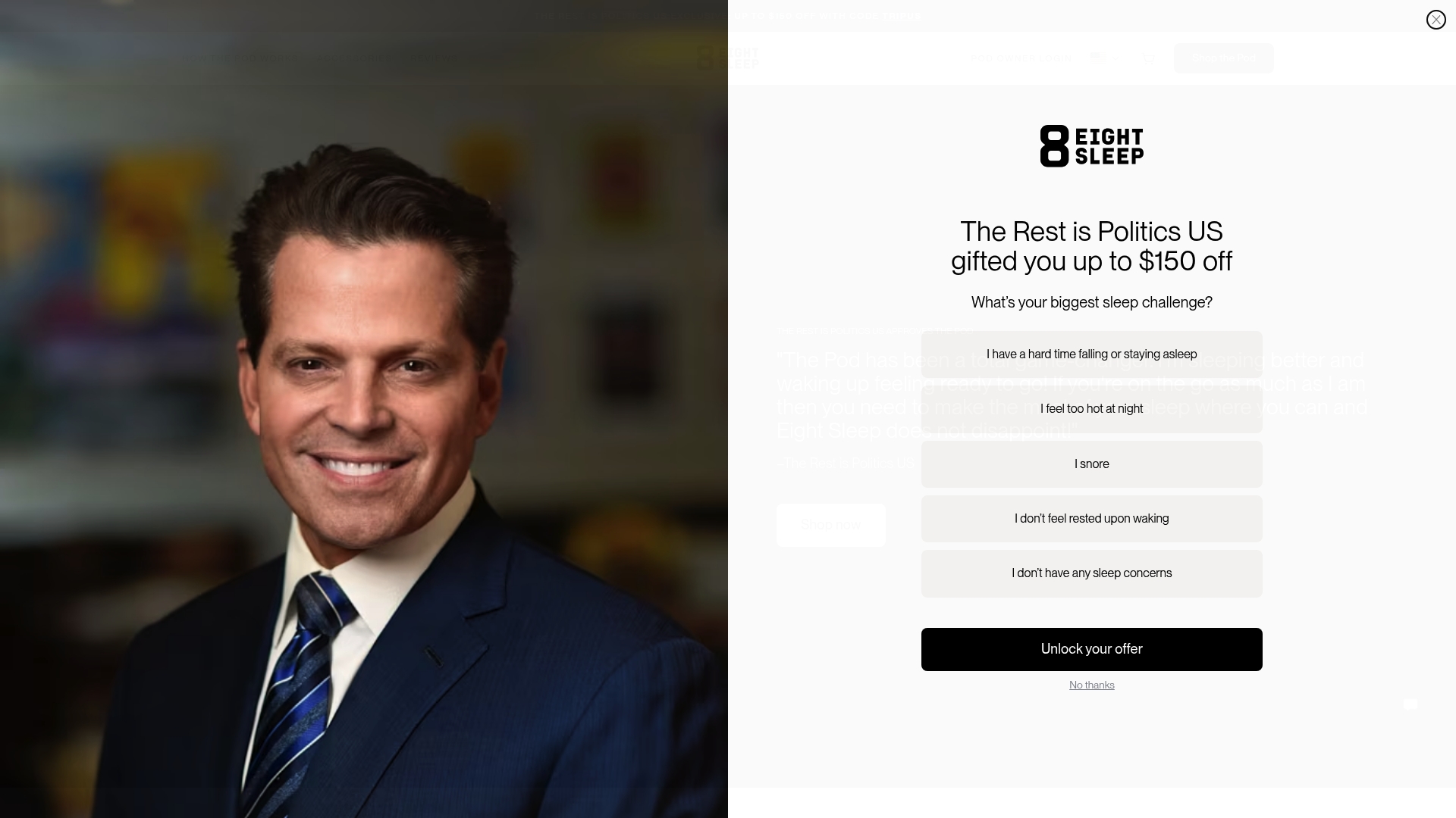 Eight Sleep sponsor landing page advertised on The Rest Is Politics: US