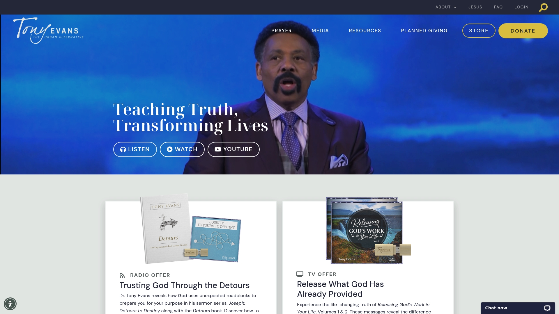 The Alternative Broadcast/Tony Evans Ministry sponsor landing page advertised on Tony Evans' Sermons on Oneplace.com
