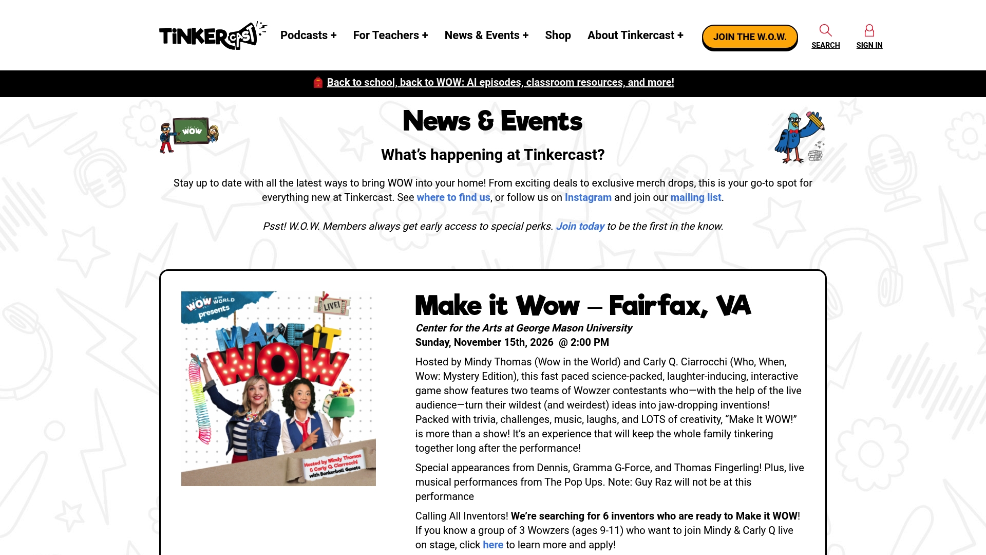 Tinkercast Live Events sponsor landing page advertised on Wow in the World
