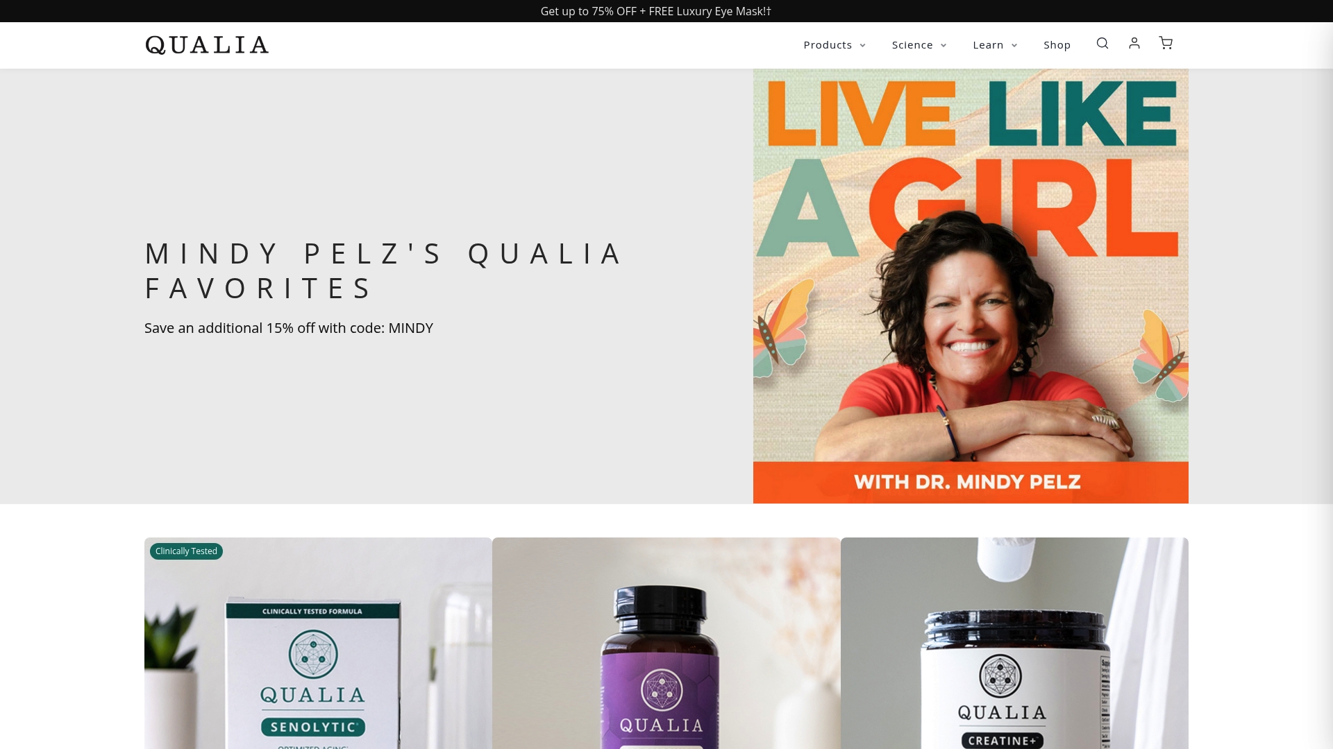 Qualia Creatine Plus sponsor landing page advertised on The Resetter Podcast with Dr. Mindy Pelz