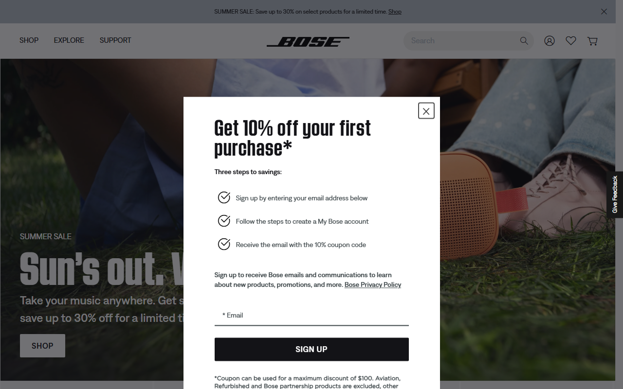 Bose sponsor landing page advertised on PBD Podcast