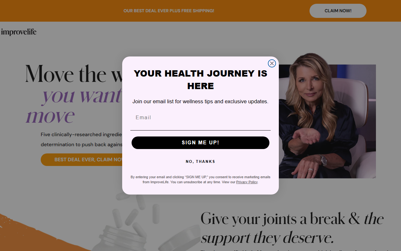 Improve Life Joint Support sponsor landing page advertised on Kim Komando Daily Tech Update