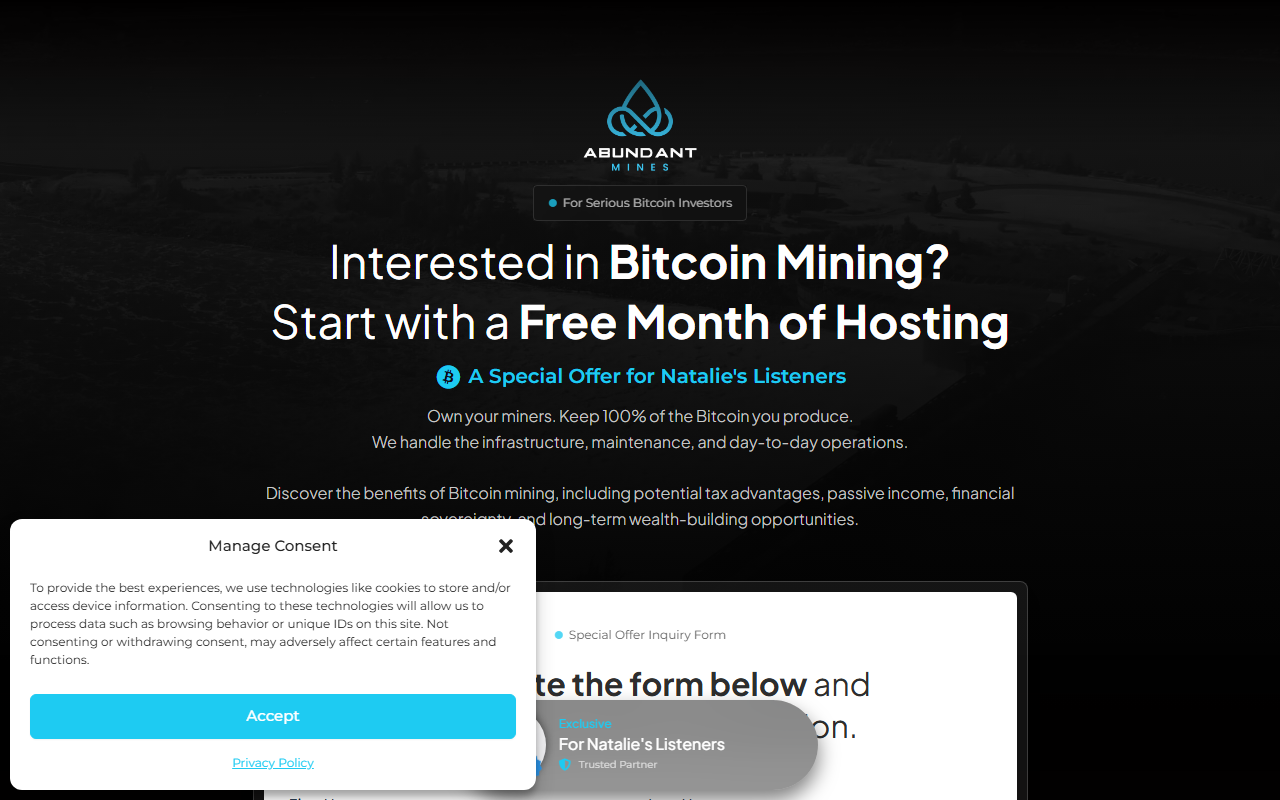 Abundant Mines sponsor landing page advertised on Coin Stories with Natalie Brunell
