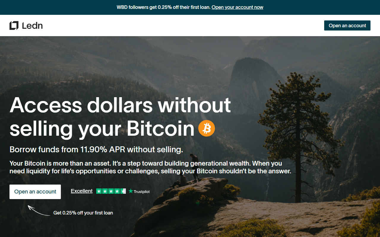 Ledn sponsor landing page advertised on What Bitcoin Did