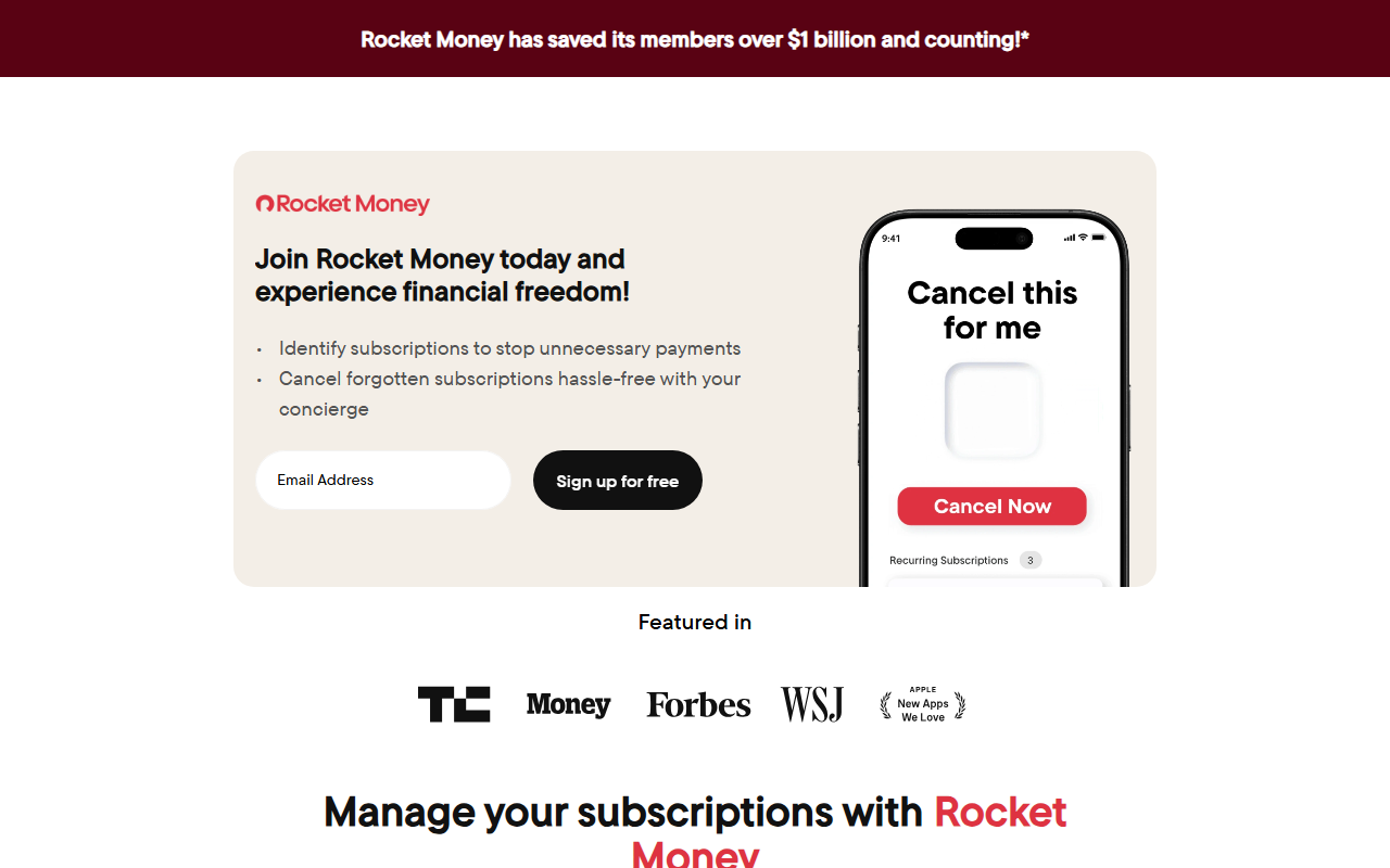 Rocket Money sponsor landing page advertised on Kim Komando Daily Tech Update